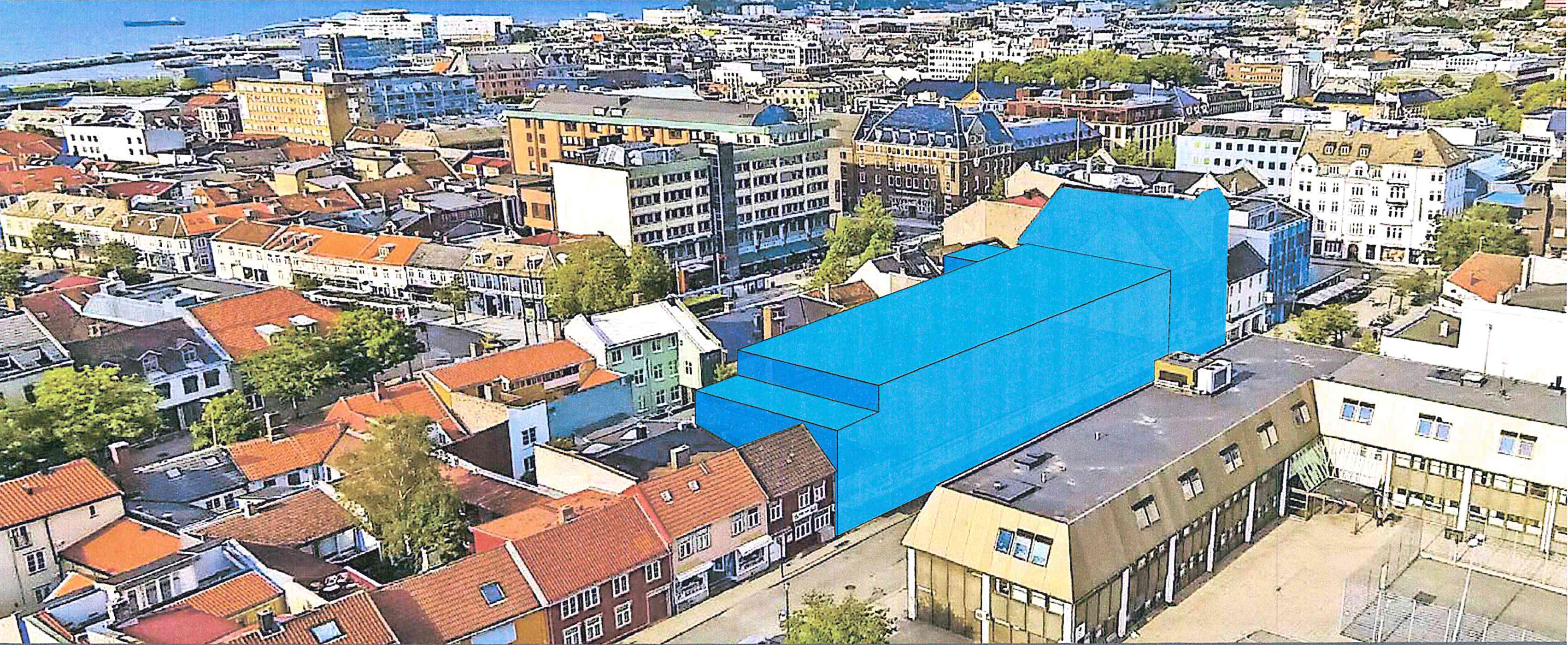 Ønsker bedre utnytting. Det blå feltet viser tillatt byggevolum mot Repslagerveita. På stedet ligger det i dag blant annet en RIMI-butikk, men snart flytter COOP inn. (Illustrasjon: Basale)