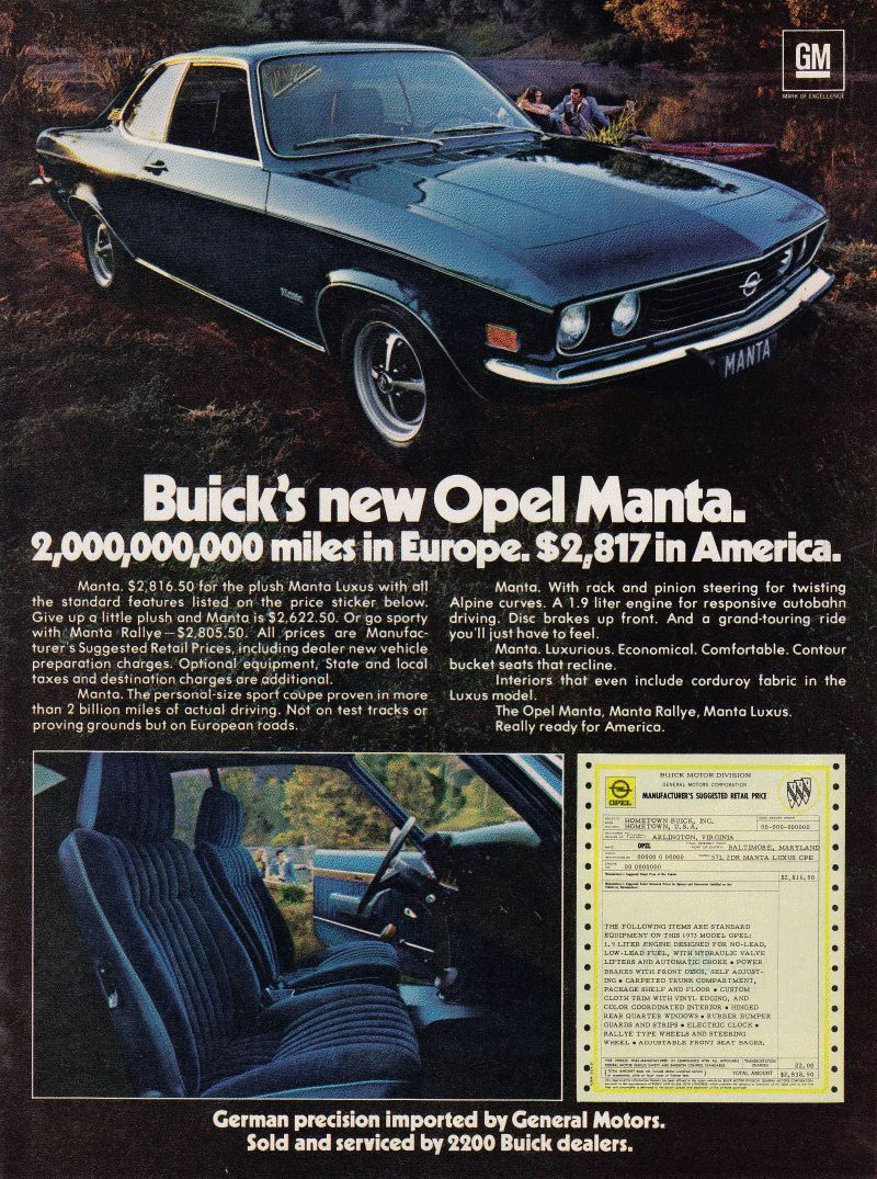 Buick-Opel-Manta-Nice-Original-Paint – Slik så en brosjyre for Opel Manta A ut i USA, hvor de ble solgt via Buick sine forhandlere. 