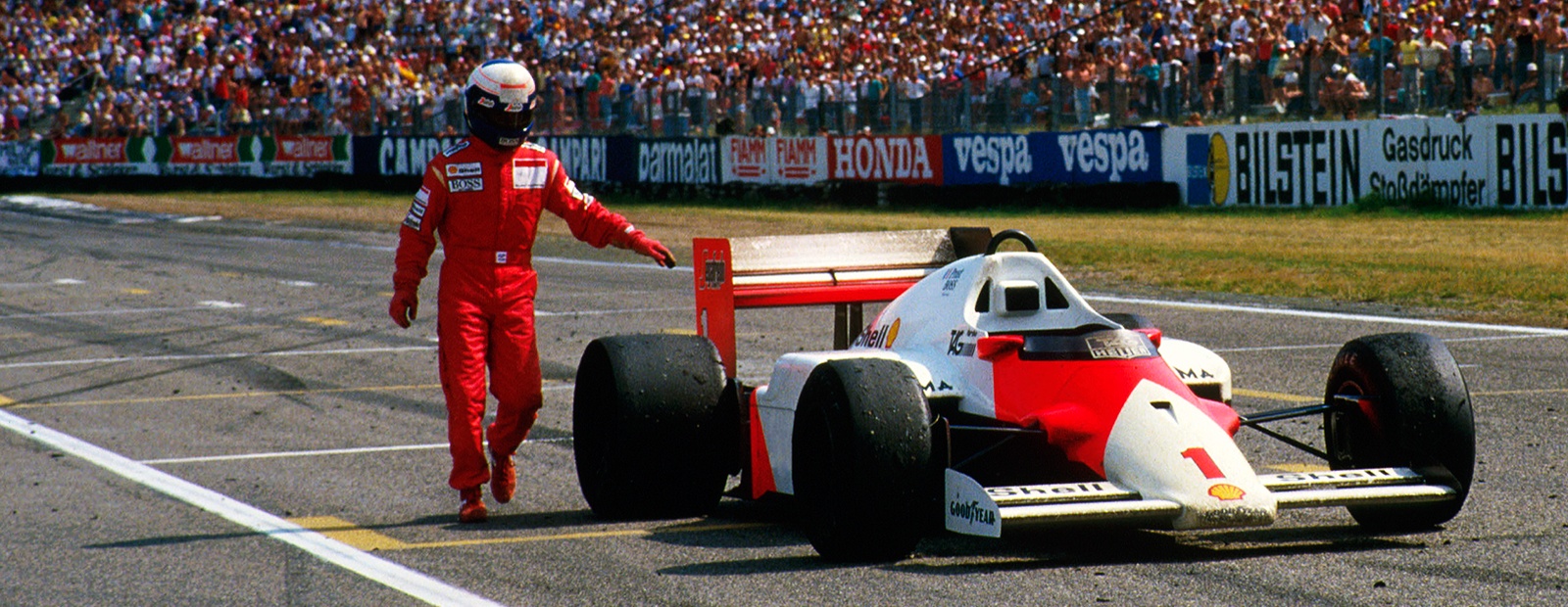 Det var sjelden Prost måtte bryte løp, men han måtte bryte Tyskland GP i 1987 som han ledet, bare fire runder før mål med tekniske problemer. Foto: McLaren