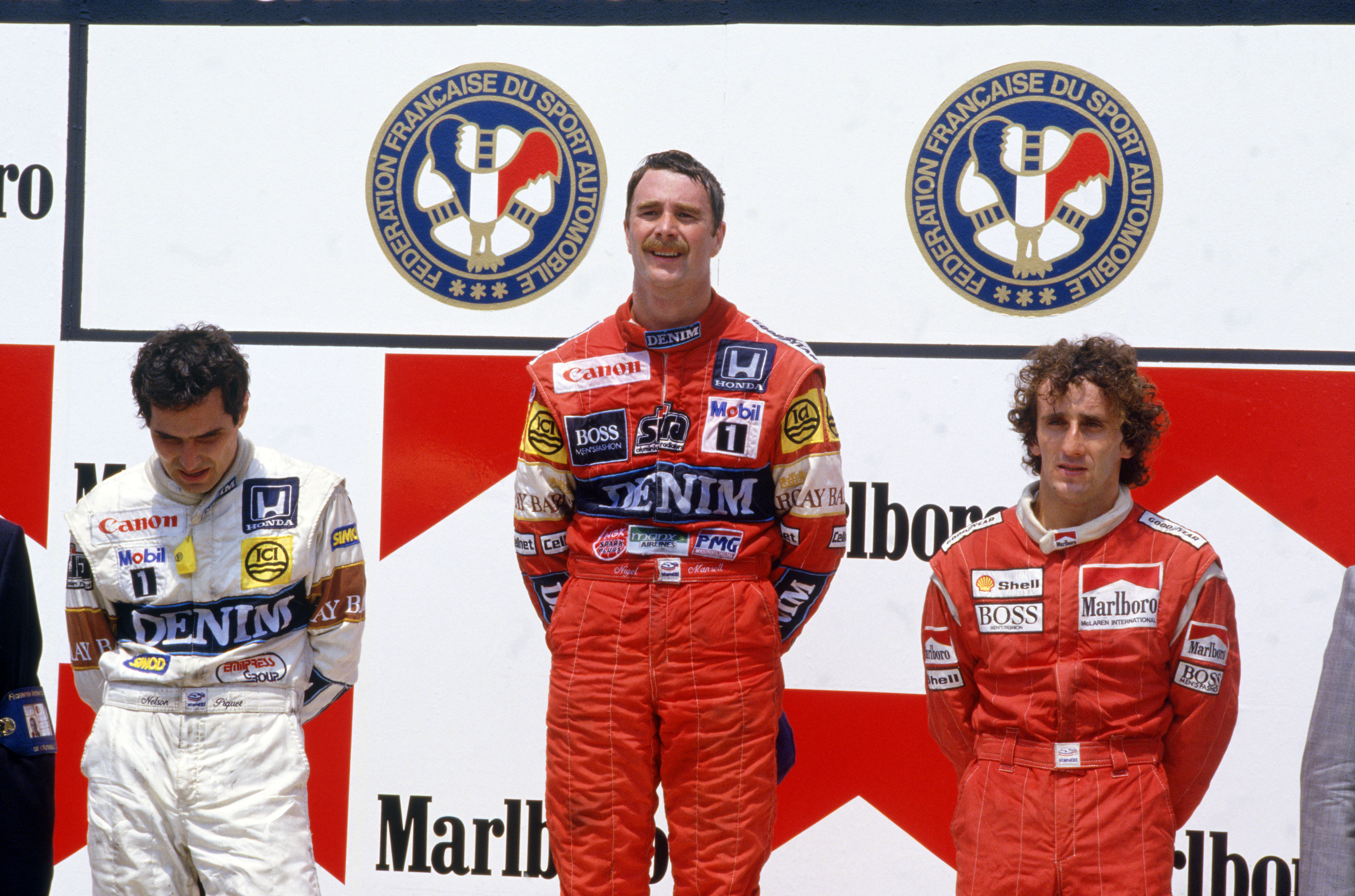 Mansell tok 6 seire i 1987, og burde ha blitt verdensmester. Her har han beseiret lagkamerat Nelson Piquet og Alain Prost i Frankrike GP. Foto: Williams