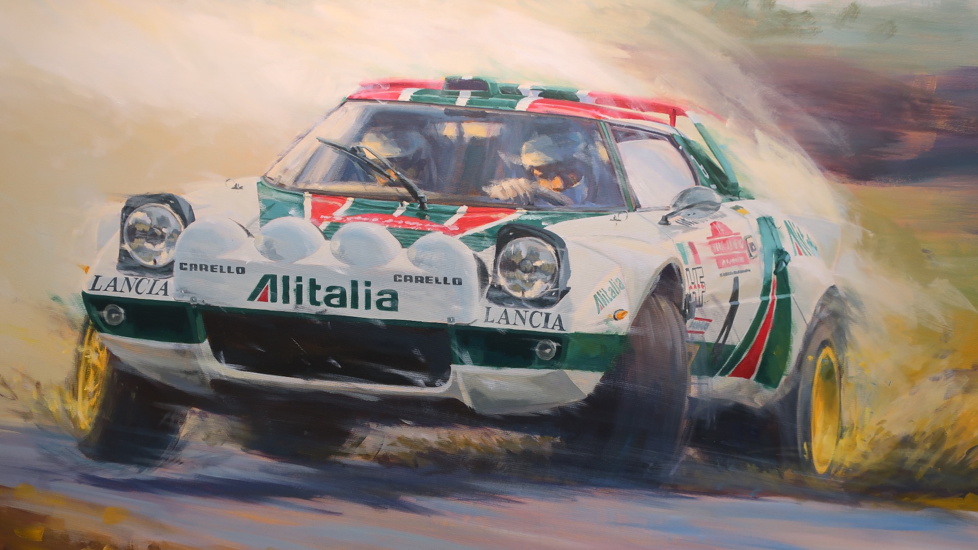 En Lancia Stratos på et maleri som lyser fart og action, skapt av Klaus Wagger.