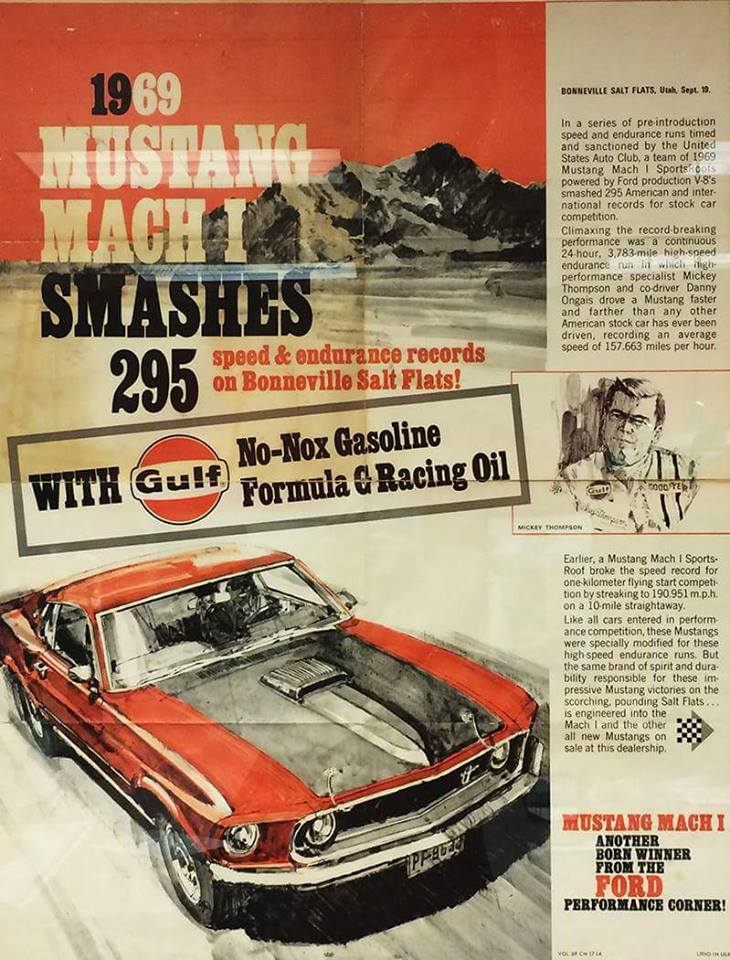 Annonse som viser at Ongais var med å sette 295 ulike nye hastighetsrekorder for 1969 Mustang Mach I på saltslettene i 1968.