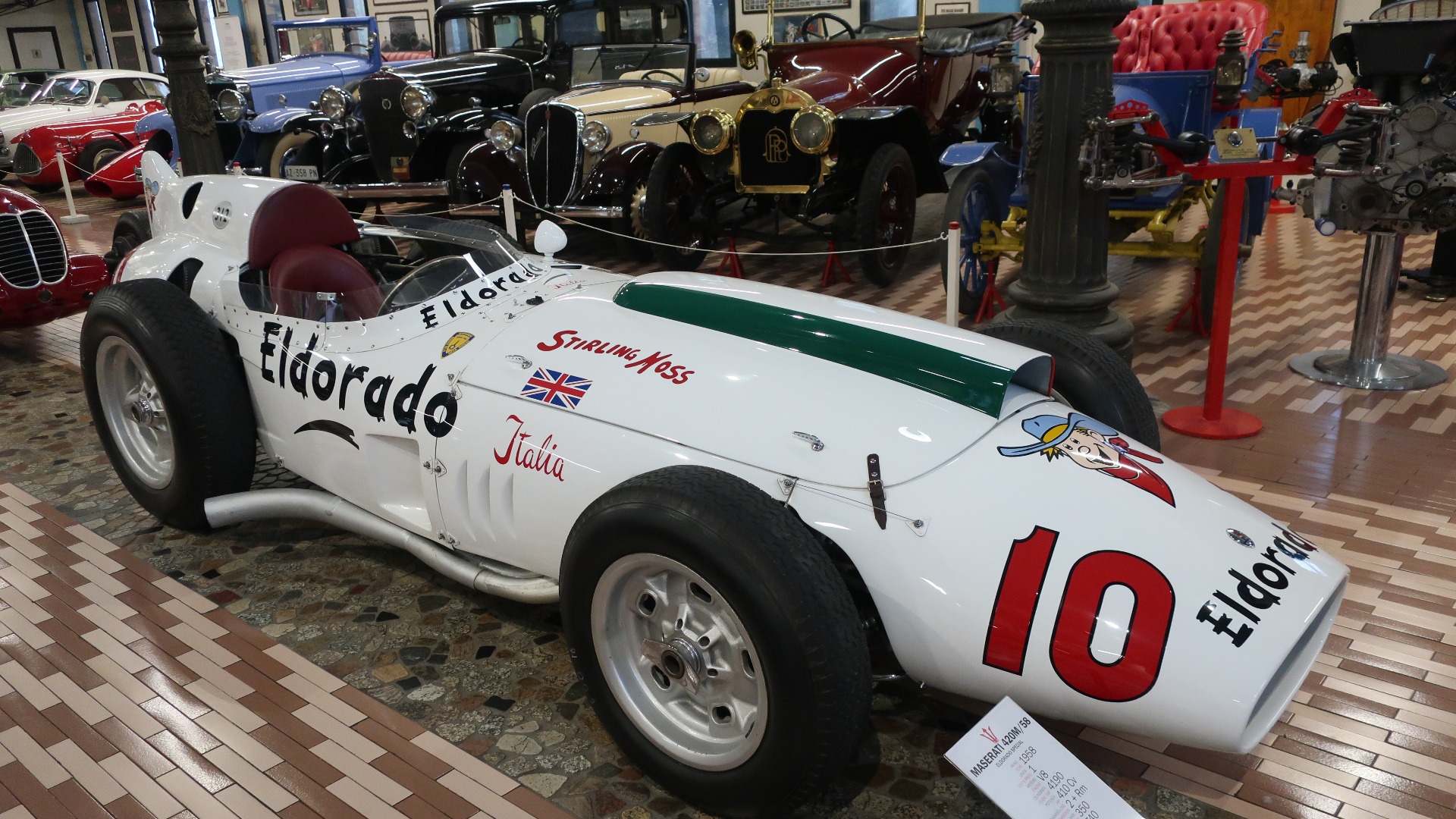 Den unike Maserati 420M som ble bygget for å delta i The race of two worlds på ovalversjonen av Monza i 1958 med Stirling Moss bak rattet. Eldorado var et italiensk iskrem-merke.