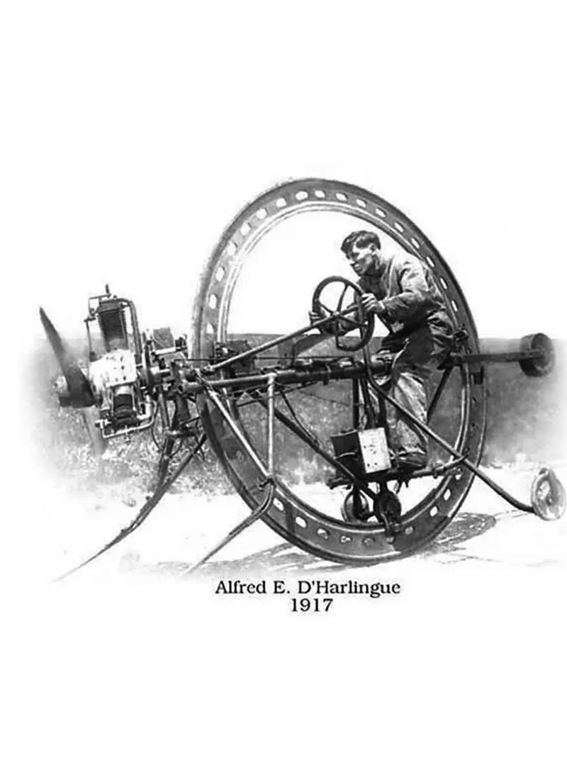 D’Harlingue Monowheel avbildet i 1917. Merk at denne er propelldrevet