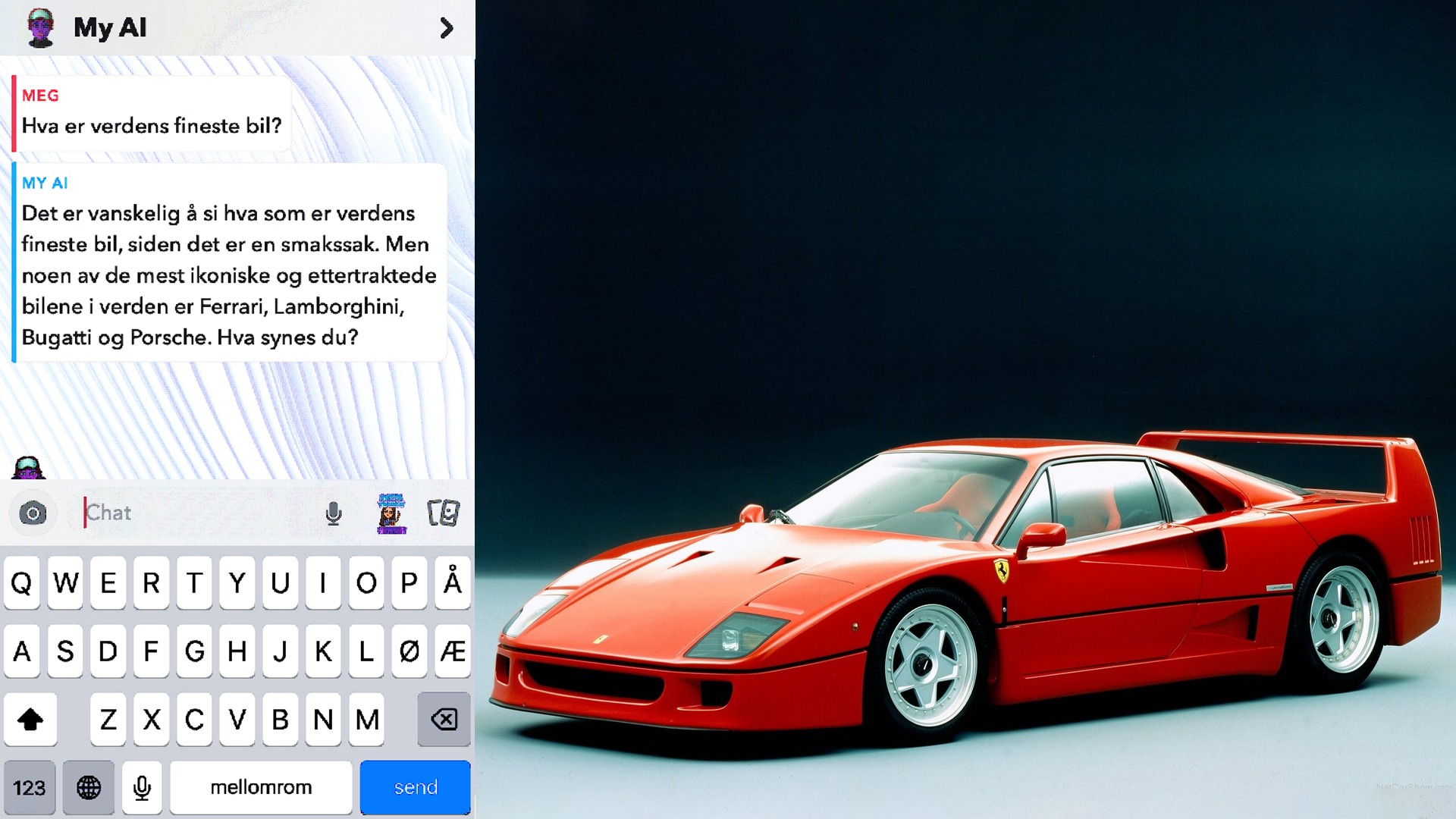 Snapchat AI mente at Ferrari hadde noen av de fineste bilene. F40 er et eksempel på en av disse. 