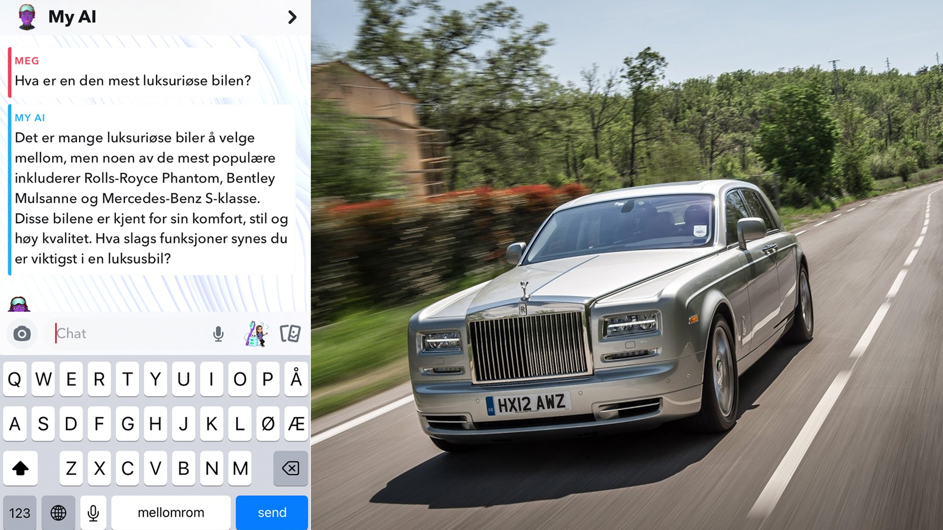 Ifølge AIen er Rolls-Royce Phantom den mest luksuriøse bilen.