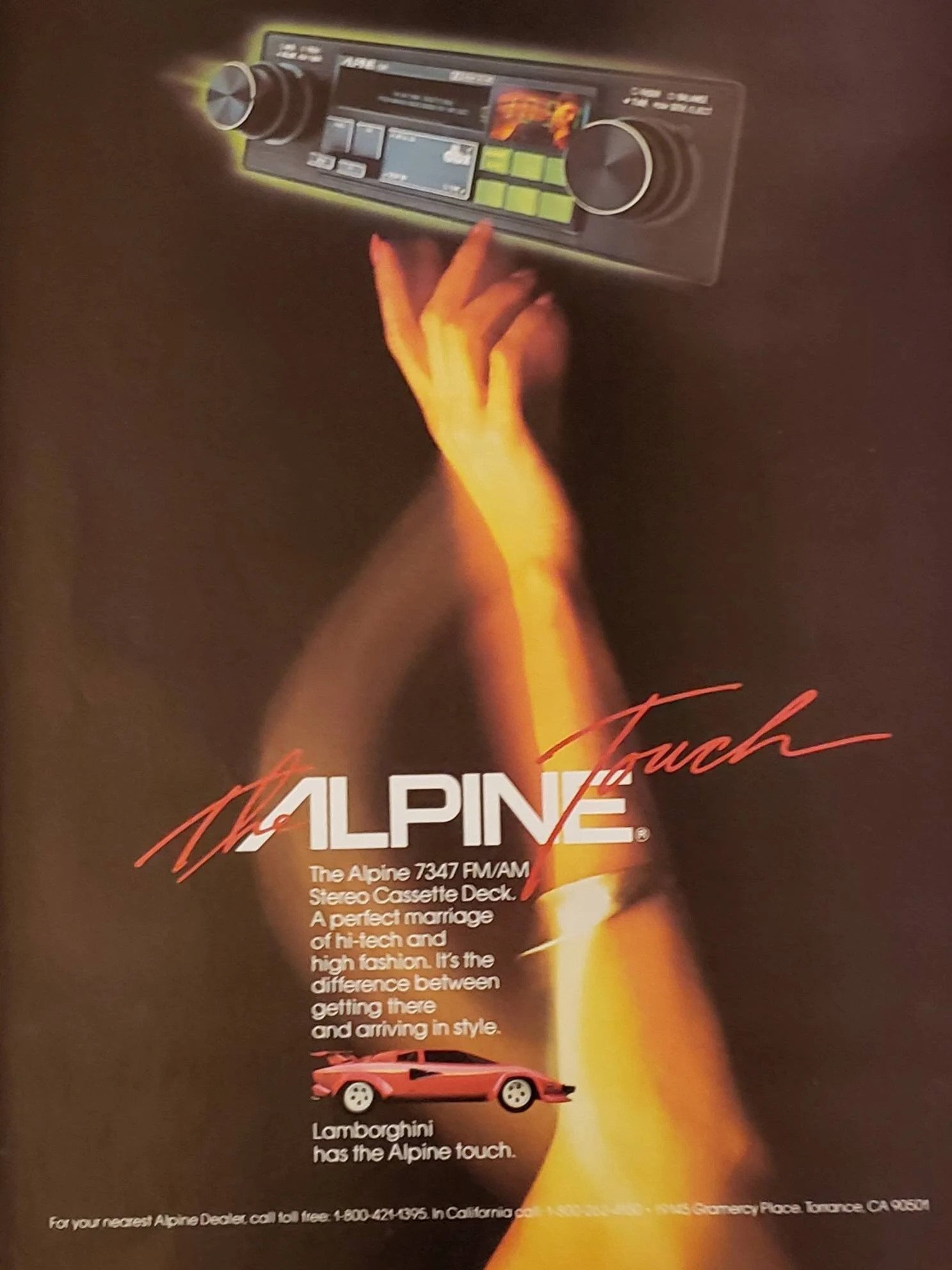 Lamborghini med The Alpine Touch. Herlig reklame fra 1983.