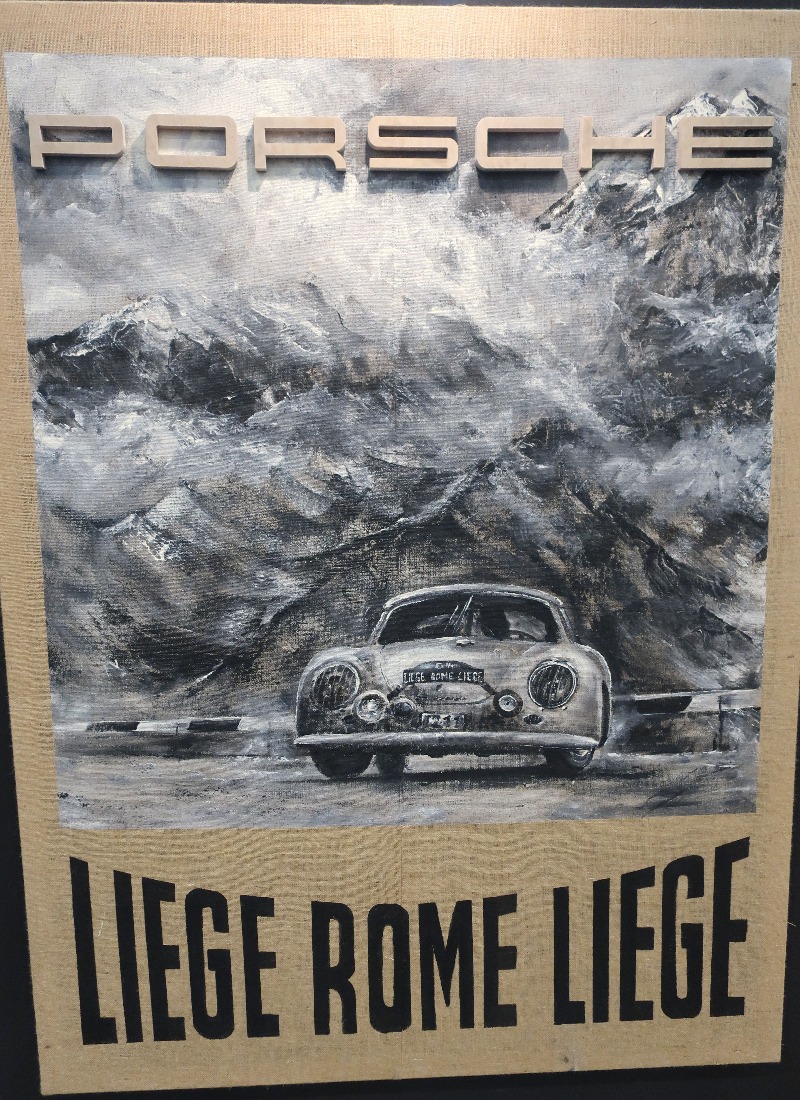 Et stilig bilde på strie-lerret av en Porsche 356 i det klassiske Liege-Roma-Liege løpet, som ble regnet som verdens kanskje tøffeste Road Rally fra 1931 til 1960. Pris 3650 Euro. 