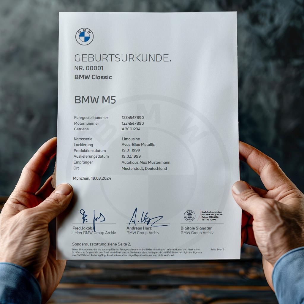 Slik ser fødselsattesten fra BMW Classic ut.