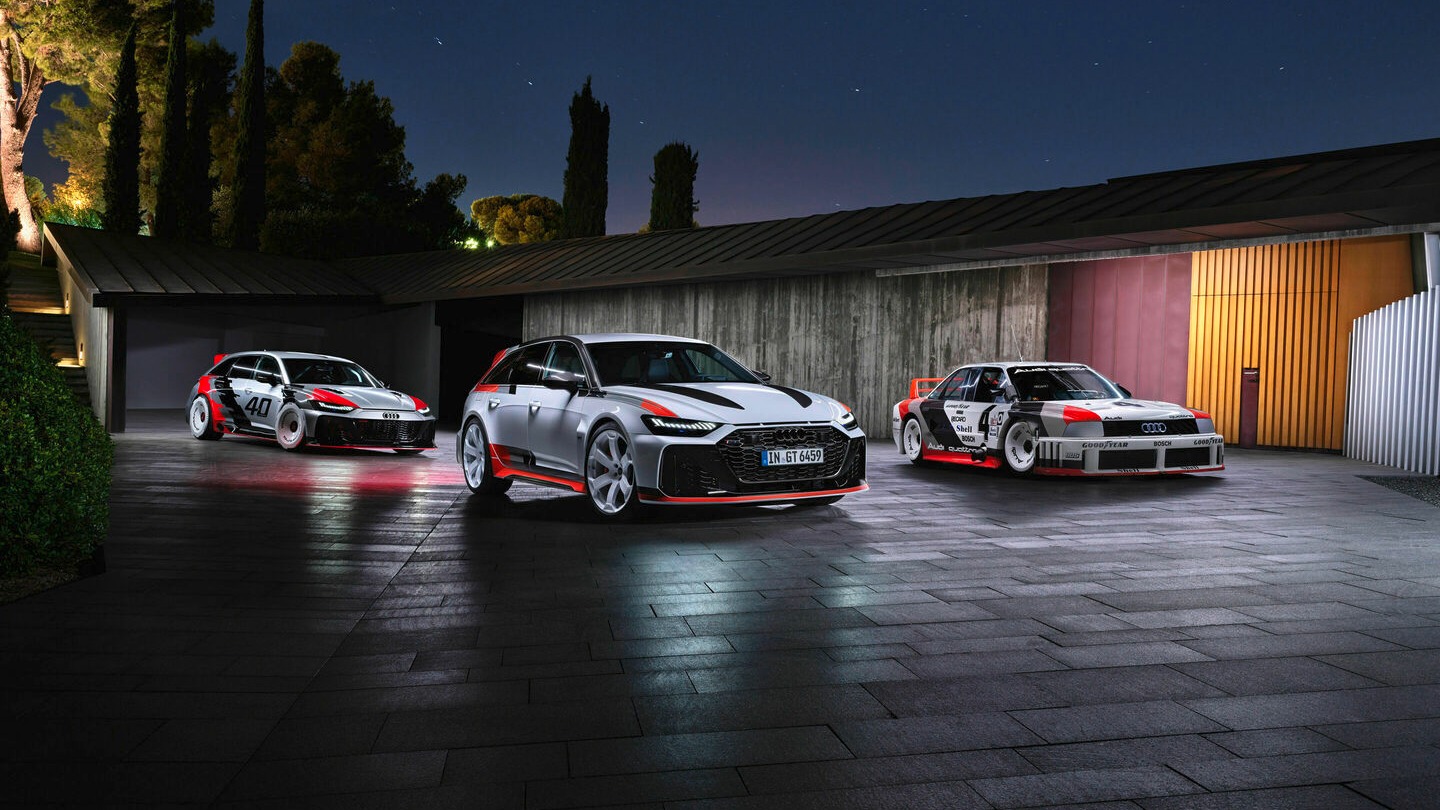 Tre verstinger. Fra venstre: Konseptbilen fra 2020, Nye Audi RS6 og inspirasjonen bak bilen, Audi GTO fra IMSA-sesongen 1989.