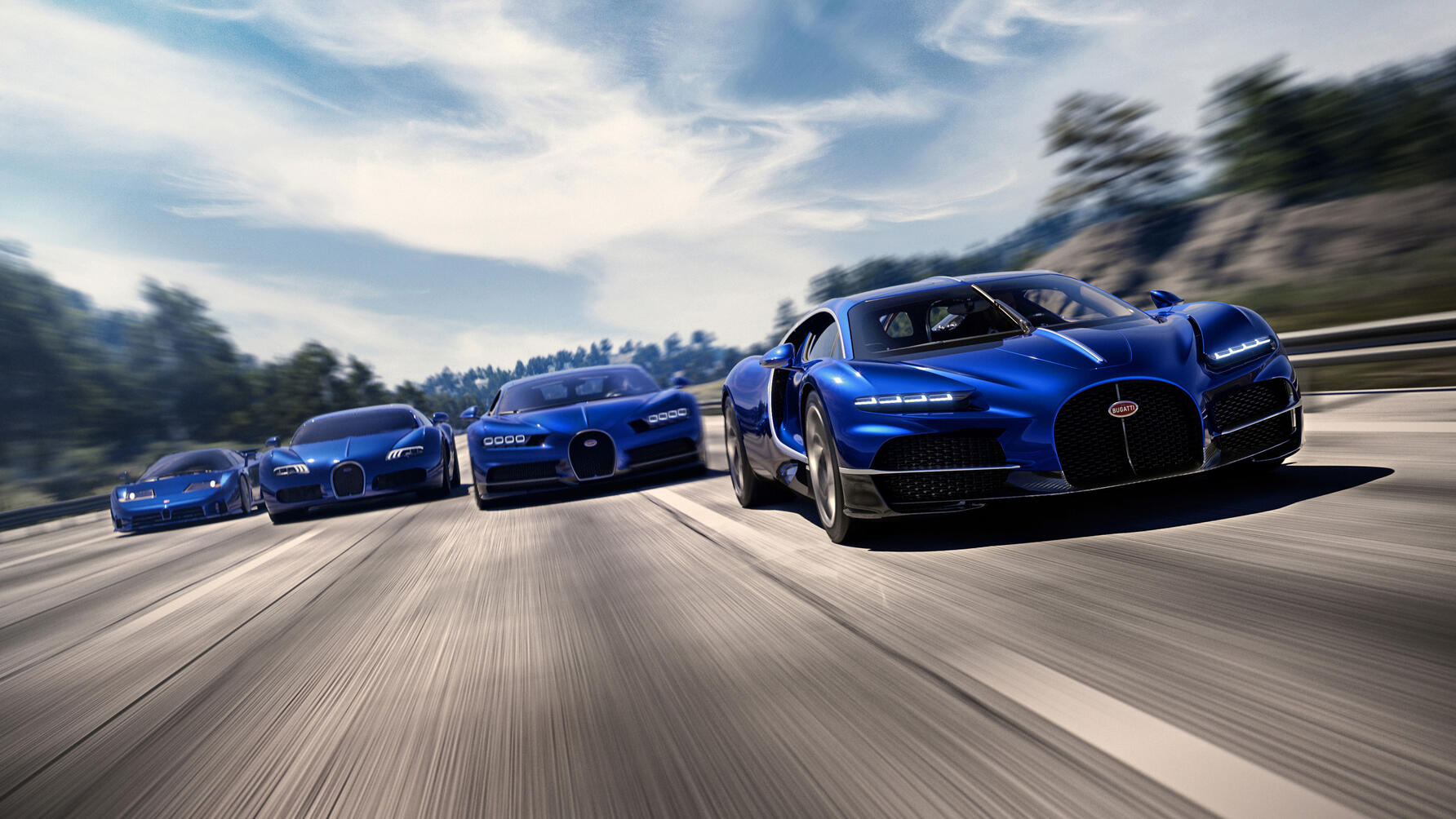 Her har Bugatti samlet flere av sine kreasjoner. Fra venstre: Bugatti EB110, Bugatti Veyron, Bugatti Chiron og nyeste Bugatti Tourbillon