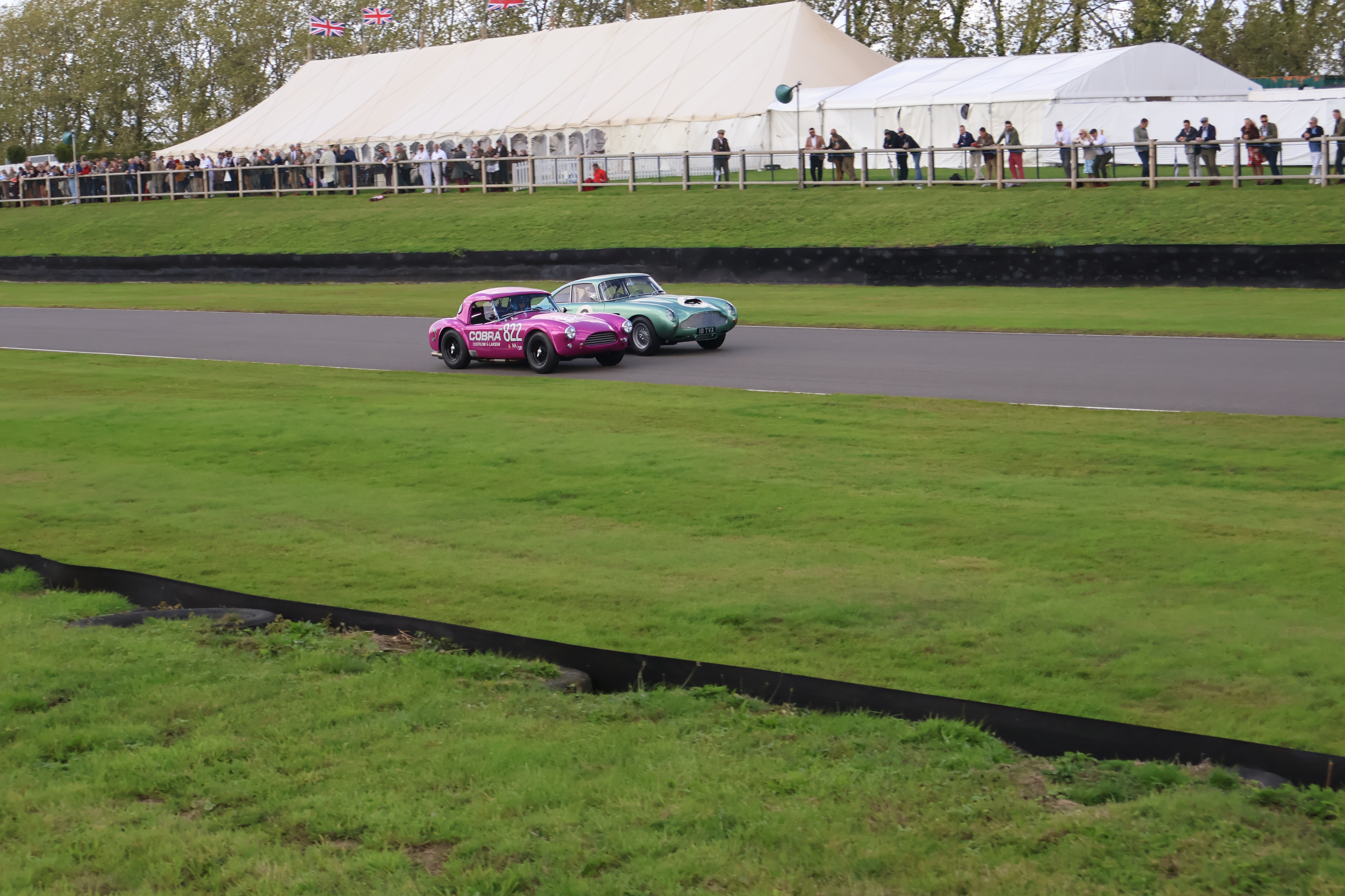 En rosa AC Cobra bruker sine krefter til å passere en konkurrent i Aston Martin.