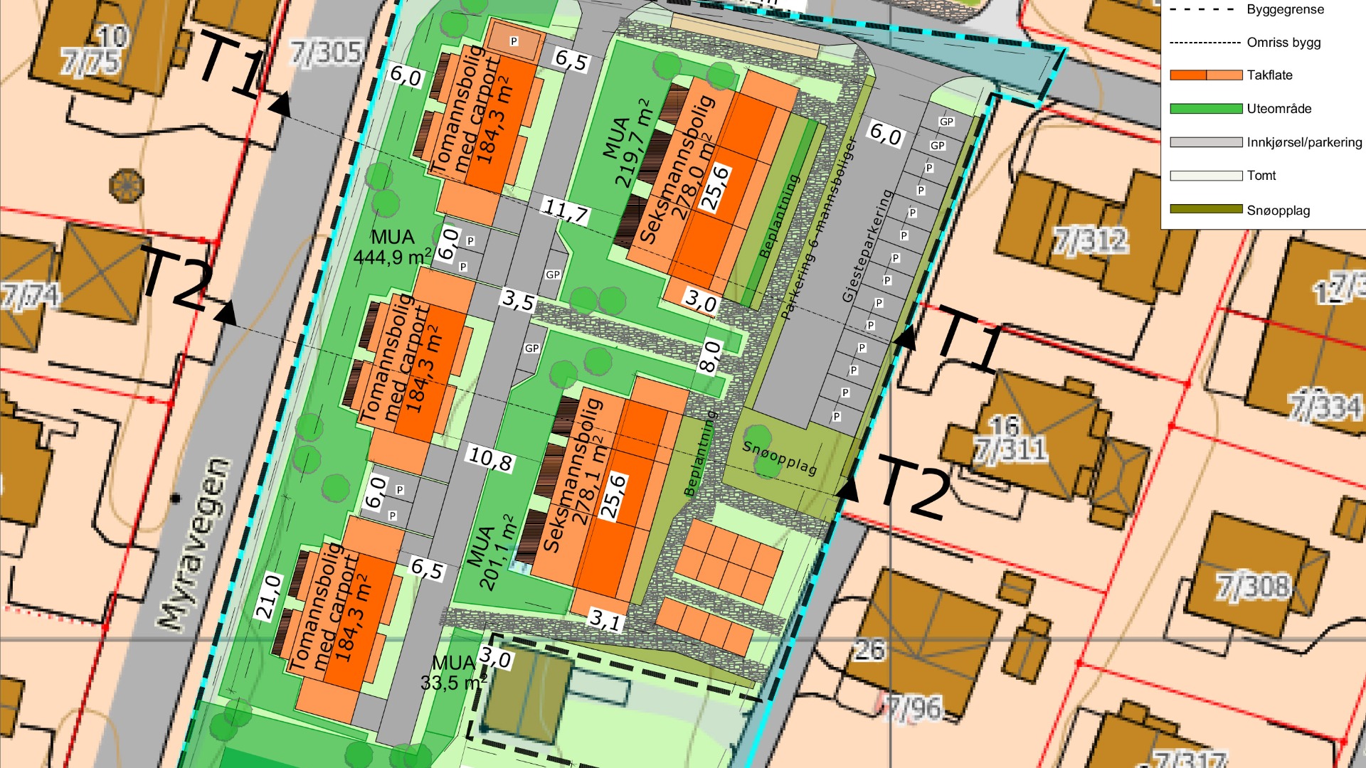 Foreløpig situasjonskart som viser plassering av boligene. 