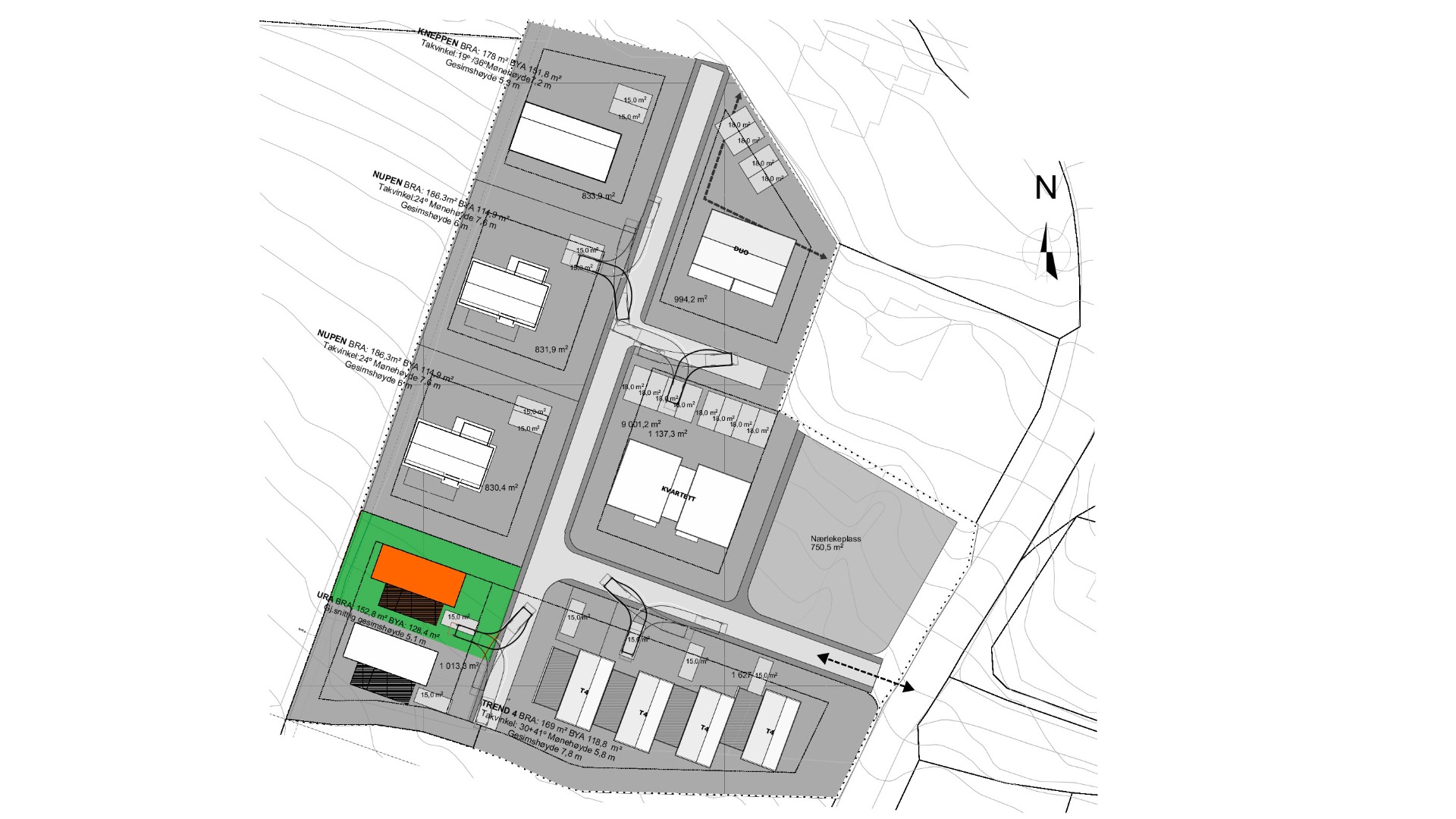 Situasjonsplan som viser boligens plassering i feltet